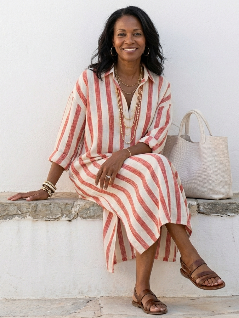 Holly | Women's Striped Full Sleeve Midi Button-Up Dress