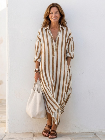Holly | Women's Striped Full Sleeve Midi Button-Up Dress