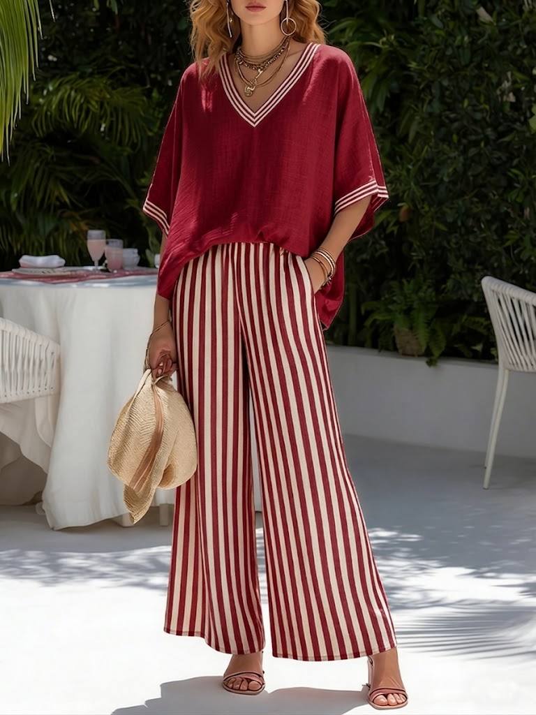 Isabel | Women's Striped V-Neck Wide Leg Pants Set