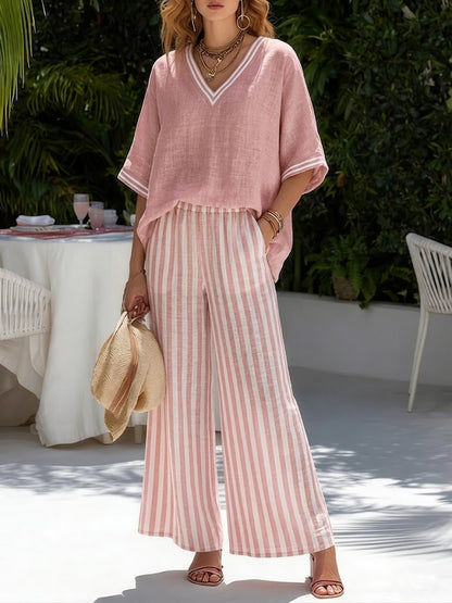 Isabel | Women's Striped V-Neck Wide Leg Pants Set
