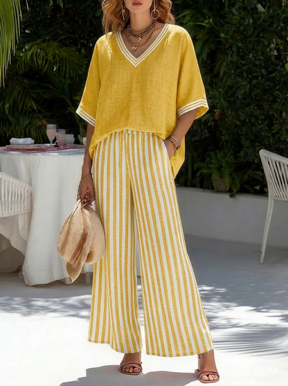 Isabel | Women's Striped V-Neck Wide Leg Pants Set