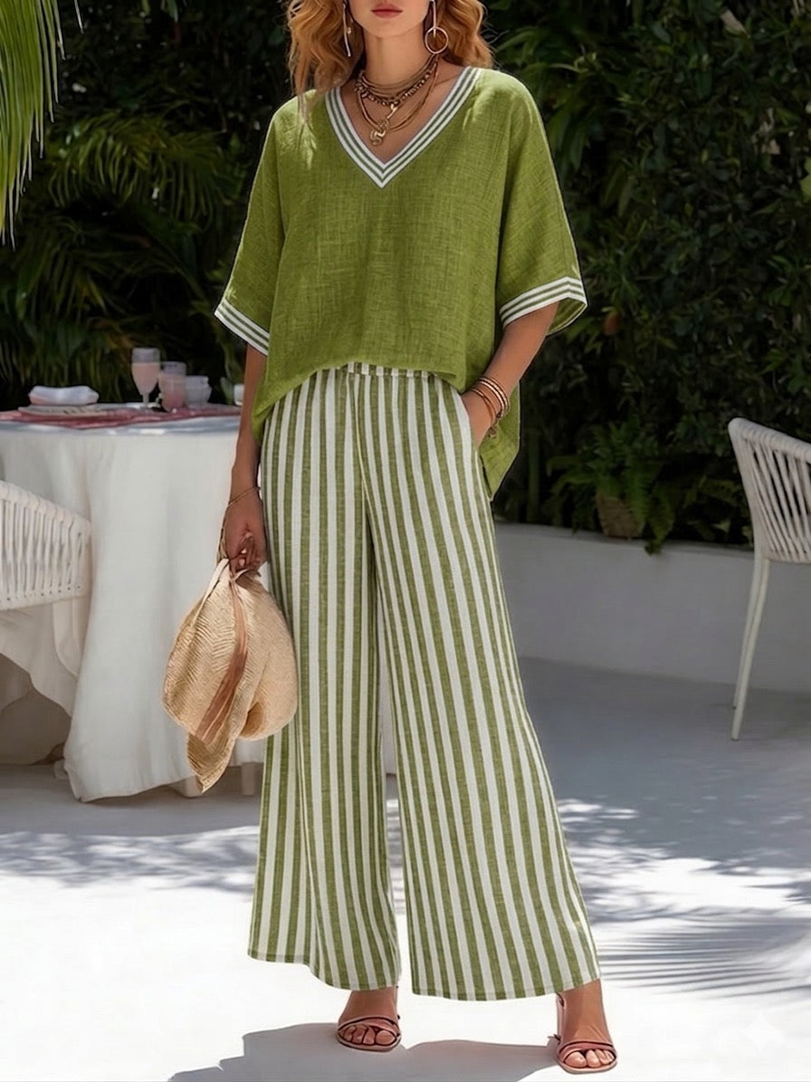 Isabel | Women's Striped V-Neck Wide Leg Pants Set