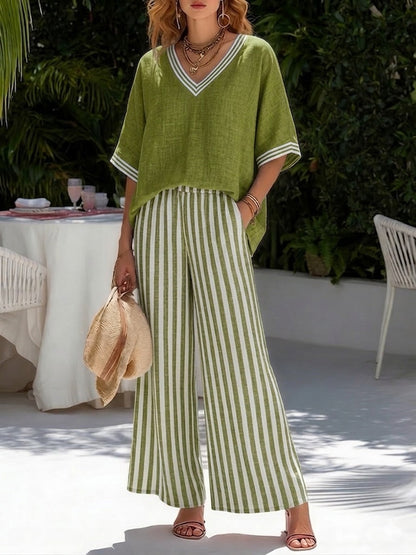 Isabel | Women's Striped V-Neck Wide Leg Pants Set
