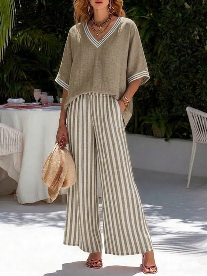 Isabel | Women's Striped V-Neck Wide Leg Pants Set
