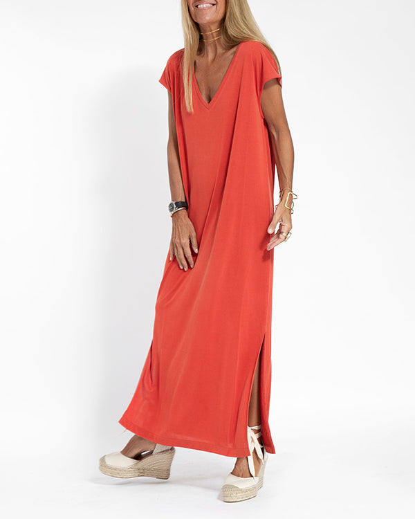 Savannah | Women's V-Neck Short-Sleeved Side Slit Maxi Dress