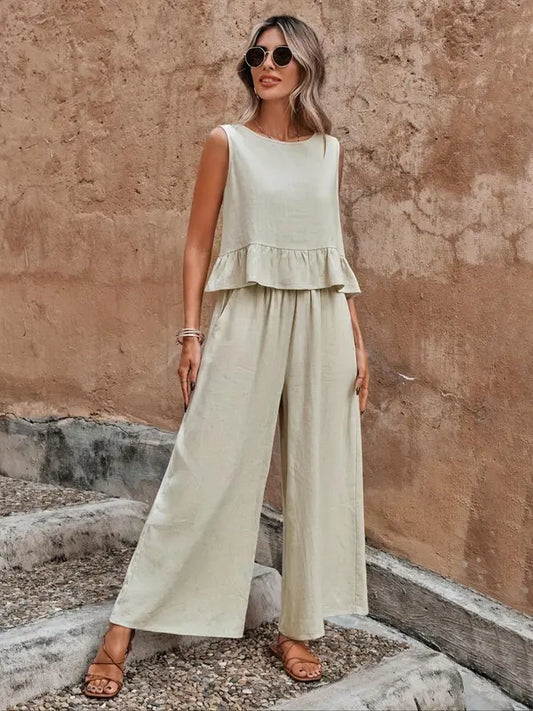 Alexa | Women's Sleeveless Ruffle Top & Wide Leg Pants Set