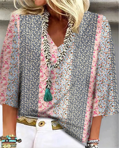 Wren | Women's Ditsy Botanical Patchwork V-Neck 3/4 Sleeve Top