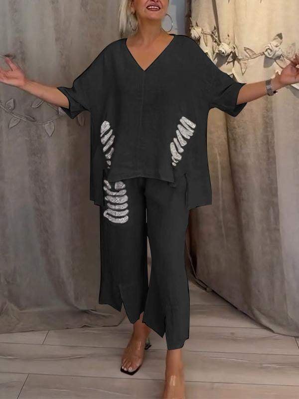 Nicole | Women's Relaxed 2 Piece Set V-Neck Top and Cropped Pants