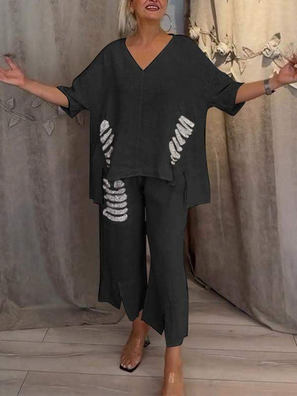 Nicole | Women's Relaxed 2 Piece Set V-Neck Top and Cropped Pants