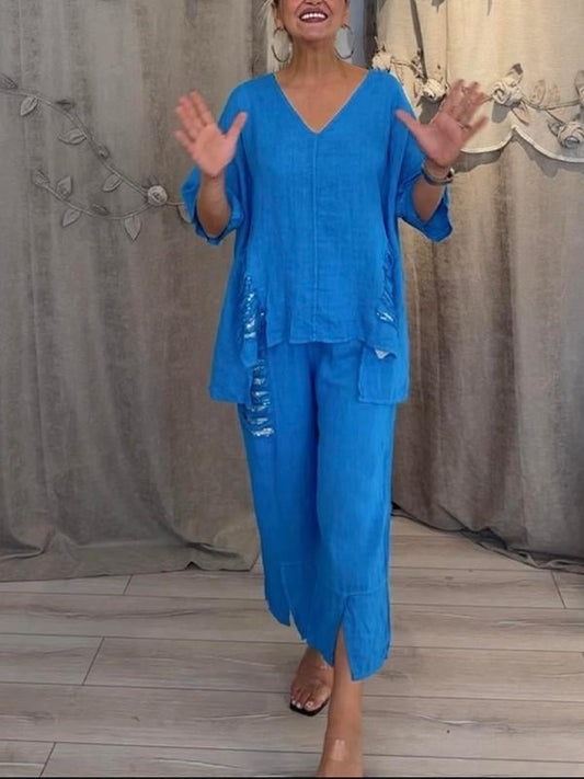 Nicole | Women's Relaxed 2 Piece Set V-Neck Top and Cropped Pants