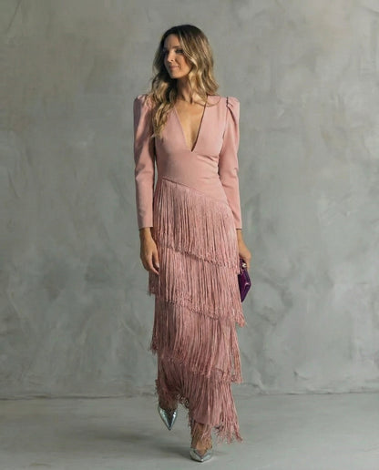 Julia | Women's V Neck Fringe Maxi Dress