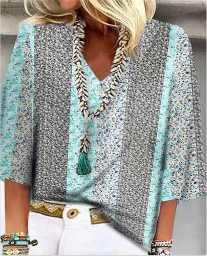 Wren | Women's Ditsy Botanical Patchwork V-Neck 3/4 Sleeve Top