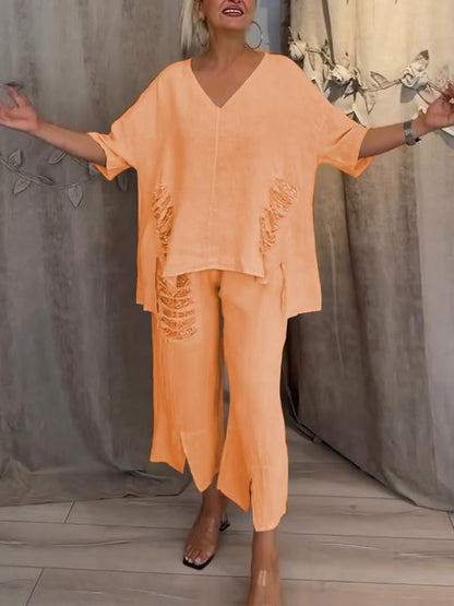 Nicole | Women's Relaxed 2 Piece Set V-Neck Top and Cropped Pants
