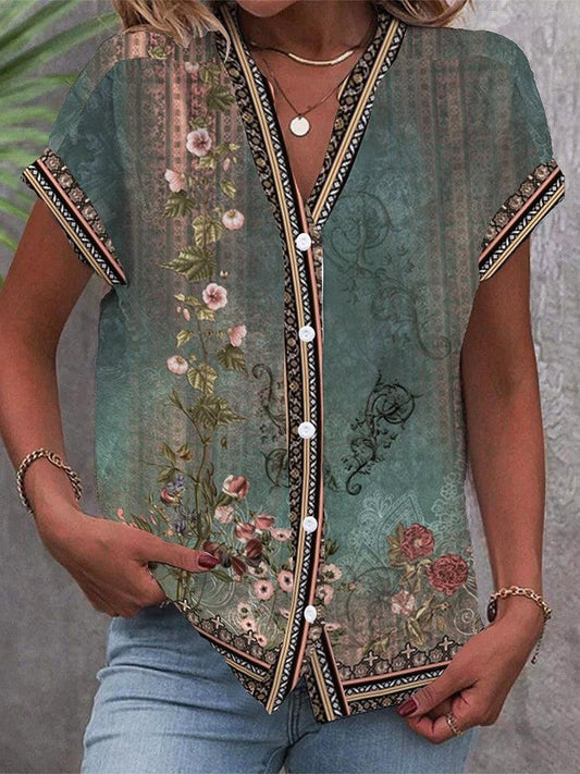 Jessica | Women's Retro Floral Print V-Neck Button-Down Blouse