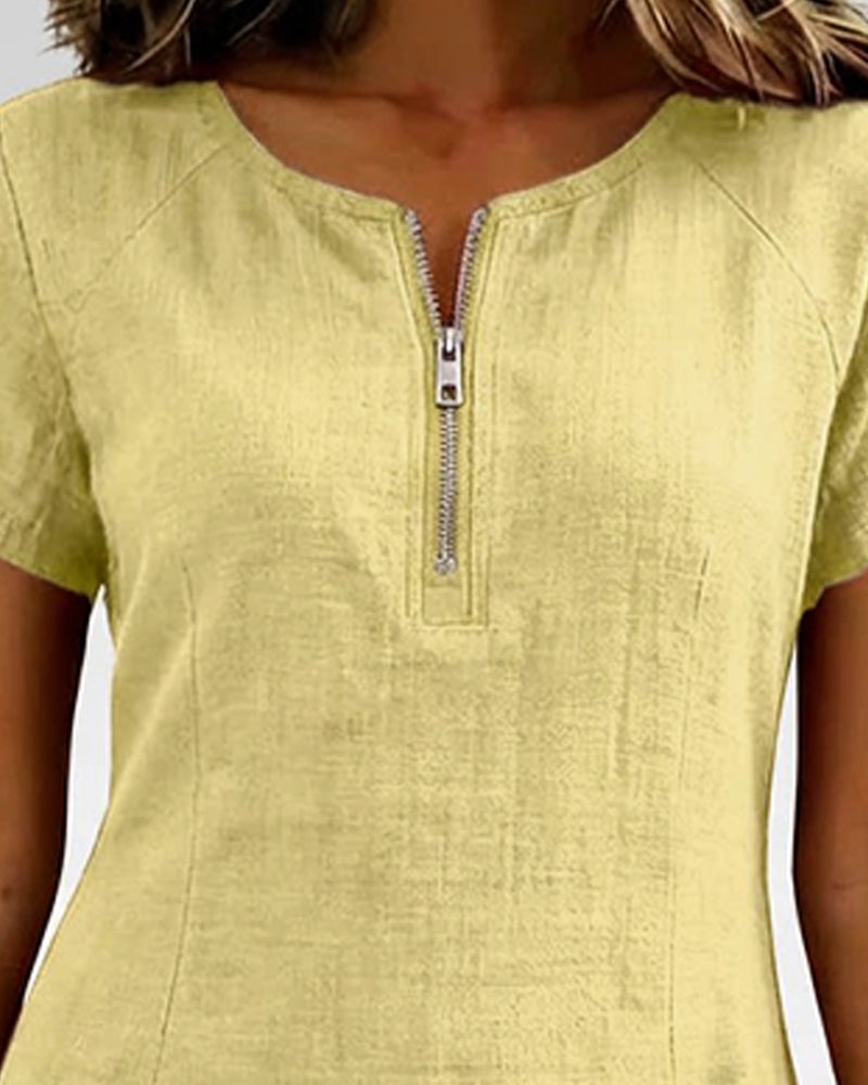 Sara | Women's Shift Dress Short-Sleeved Zip Neck with Pockets