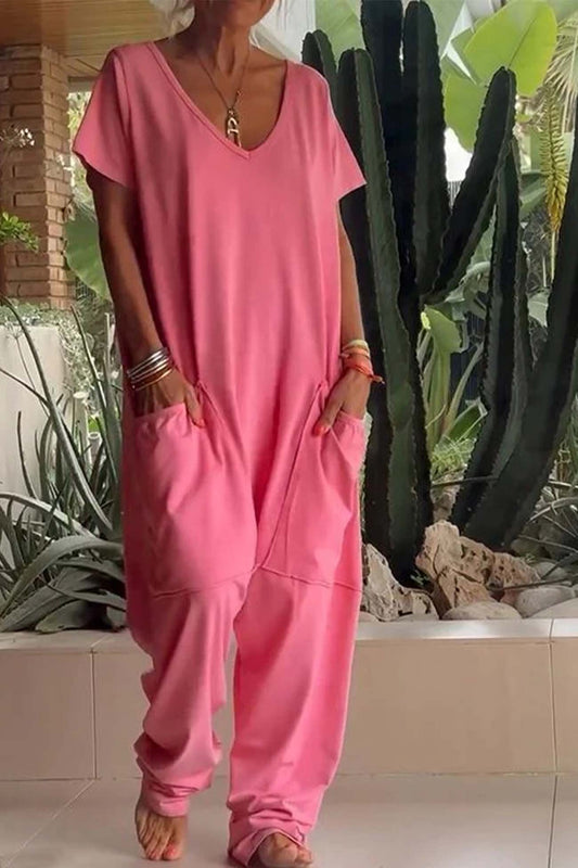 Eva | Women's V-Neck Short-Sleeved Wide-Leg Jumpsuit