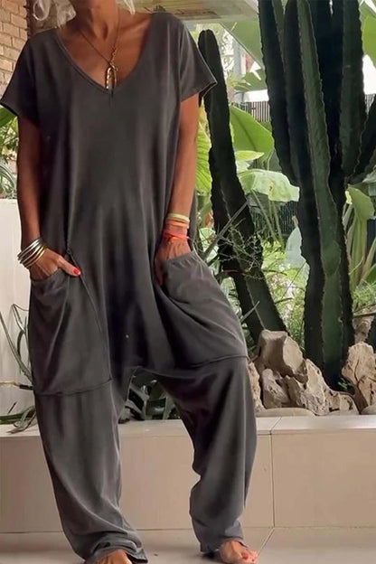 Eva | Women's V-Neck Short-Sleeved Wide-Leg Jumpsuit