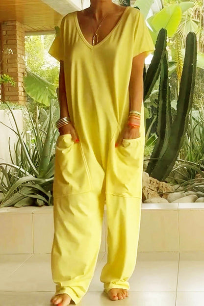 Eva | Women's V-Neck Short-Sleeved Wide-Leg Jumpsuit
