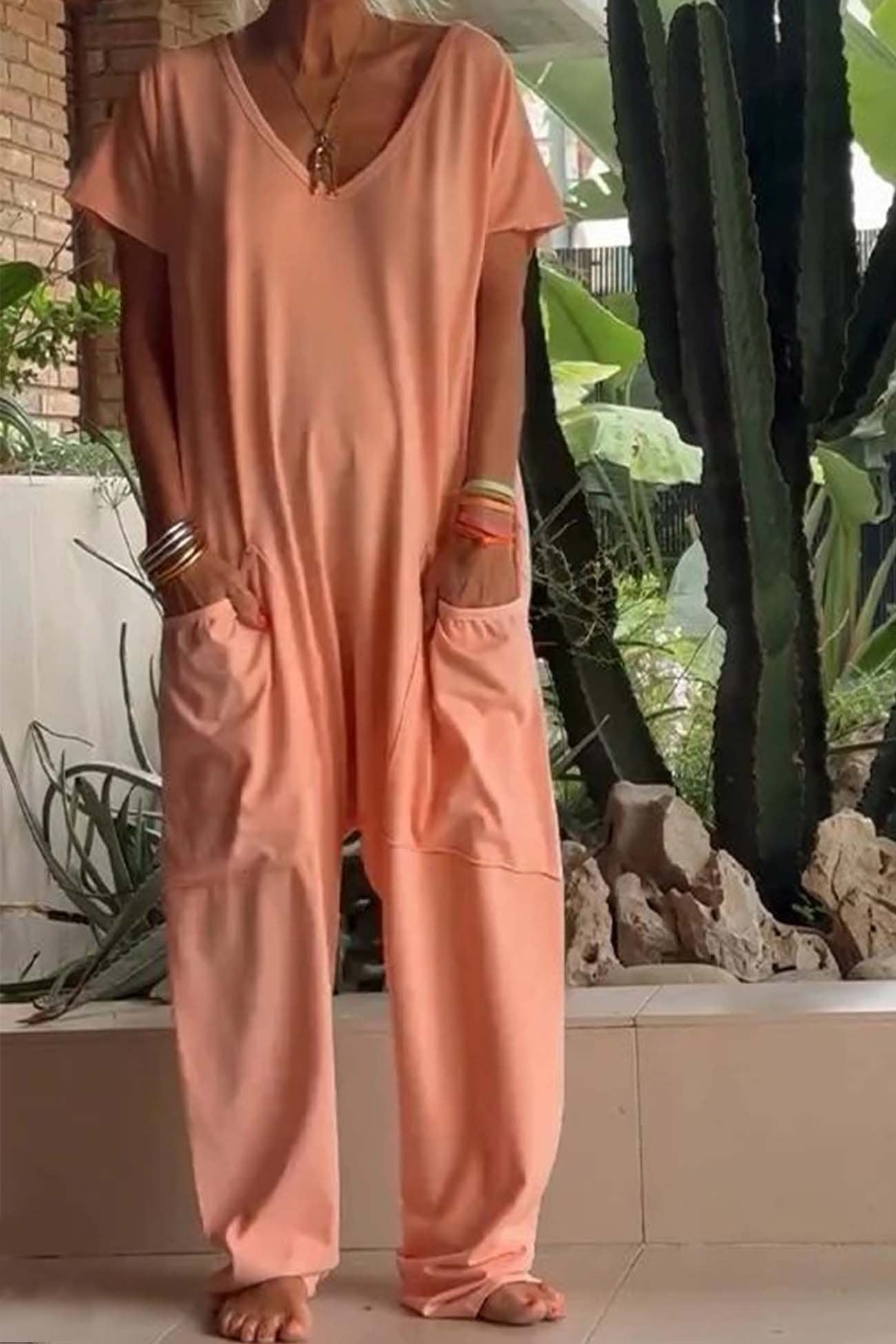 Eva | Women's V-Neck Short-Sleeved Wide-Leg Jumpsuit