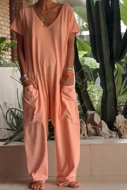 Eva | Women's V-Neck Short-Sleeved Wide-Leg Jumpsuit