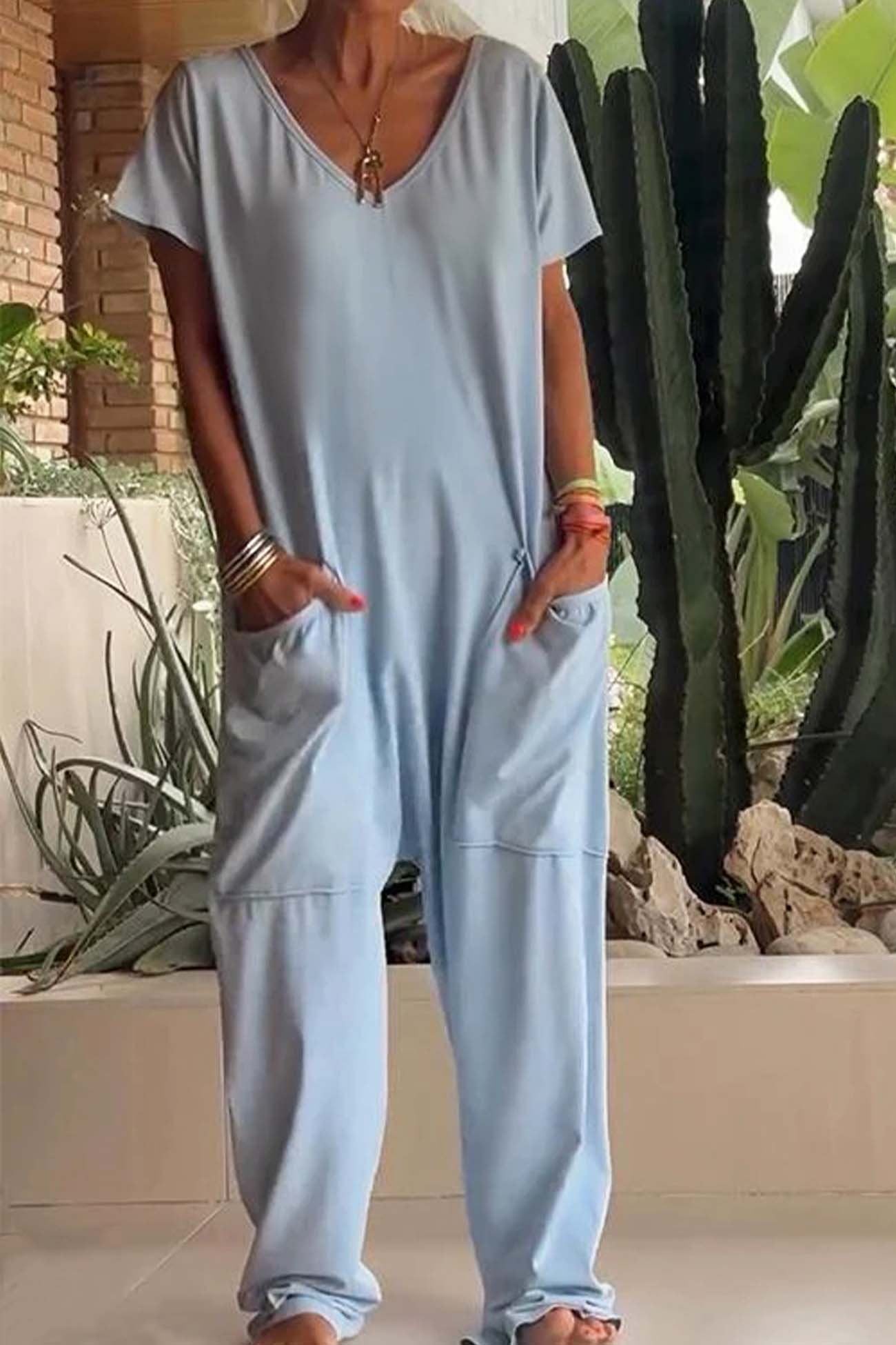 Eva | Women's V-Neck Short-Sleeved Wide-Leg Jumpsuit
