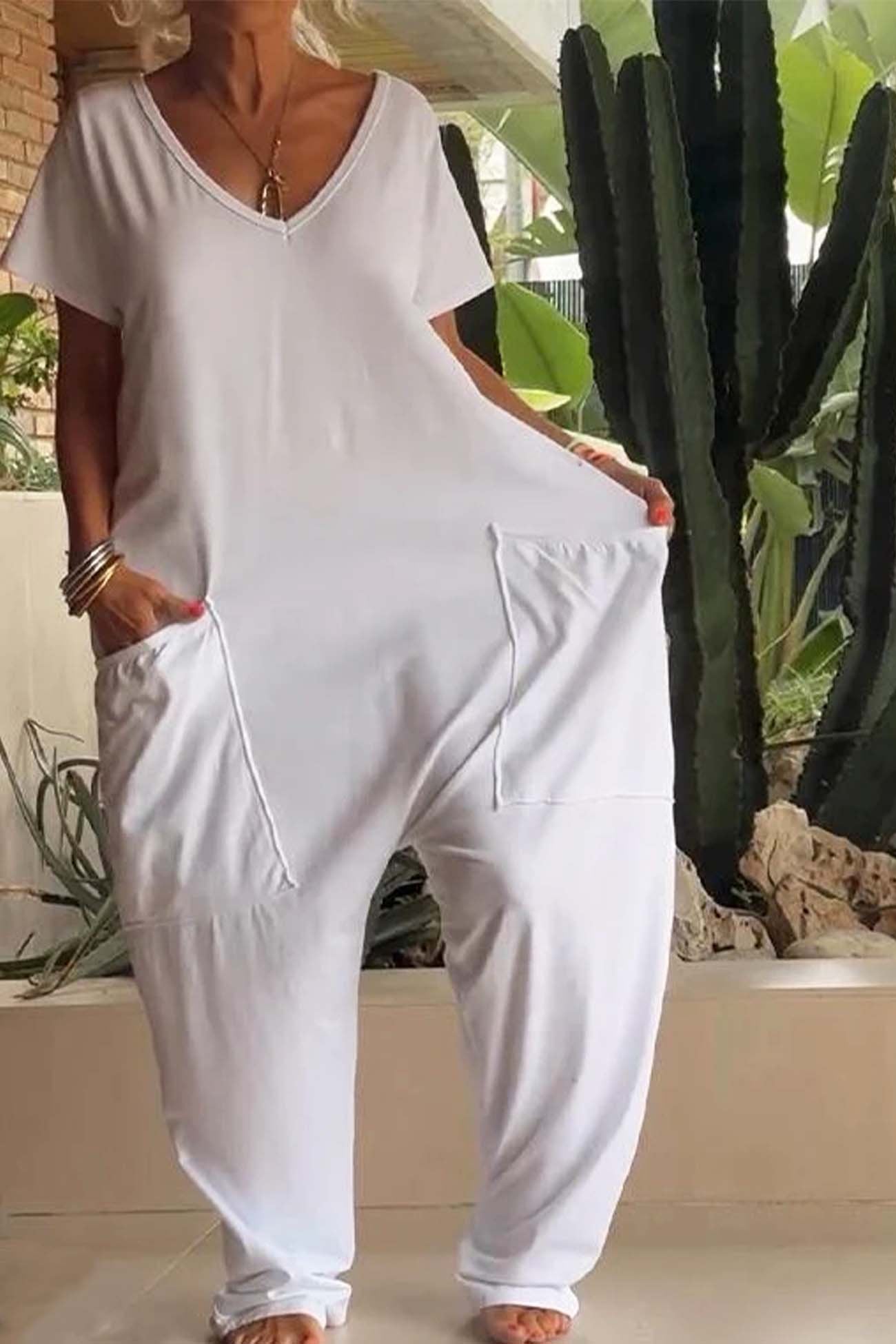 Eva | Women's V-Neck Short-Sleeved Wide-Leg Jumpsuit