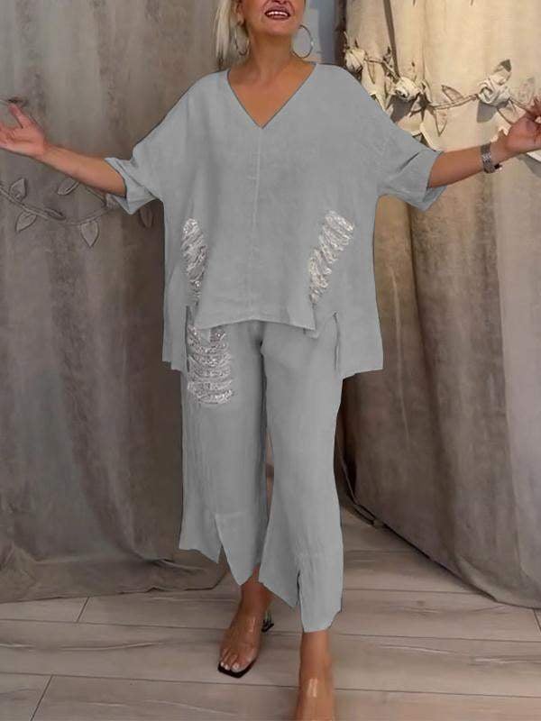 Nicole | Women's Relaxed 2 Piece Set V-Neck Top and Cropped Pants