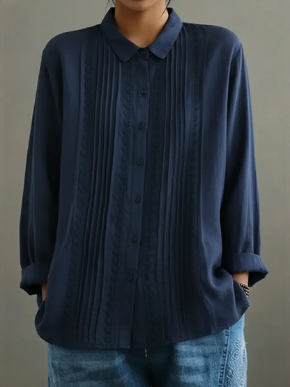 Nicole | Women's Lace Trim Button-Up Long Sleeve Blouse