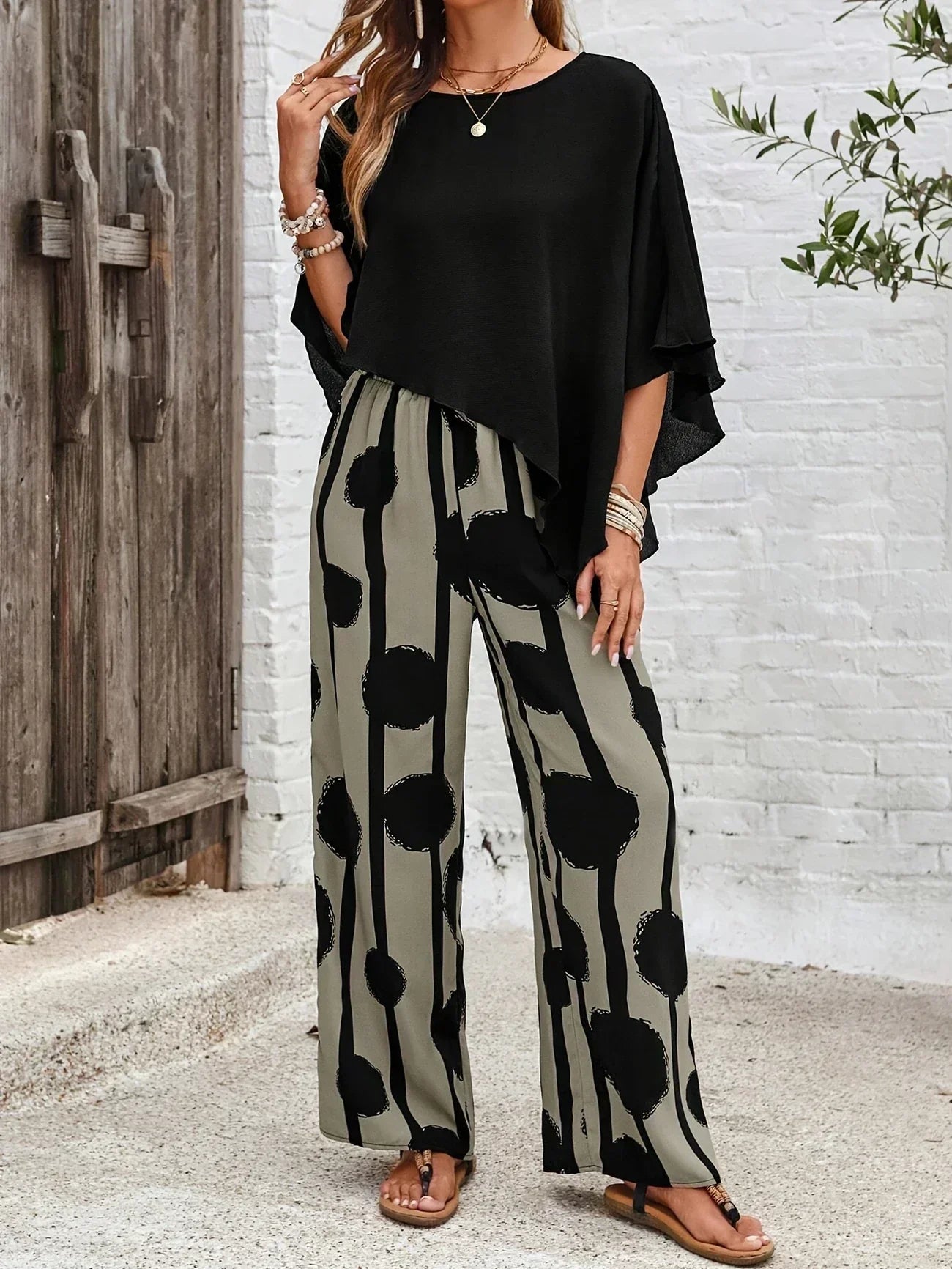 Alexa | Women's 2 Piece Set Batwing Top and Wide Leg Print Pants