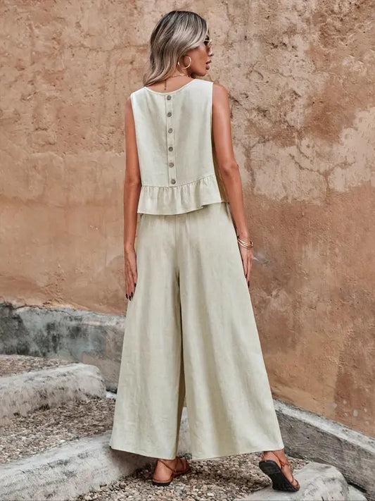 Alexa | Women's Sleeveless Ruffle Top & Wide Leg Pants Set