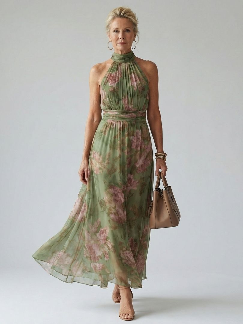 Elena | Women's Botanical Halter Mid-Length Dress