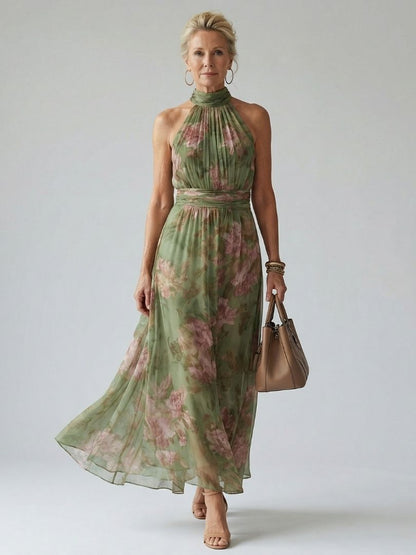 Elena | Women's Botanical Halter Mid-Length Dress