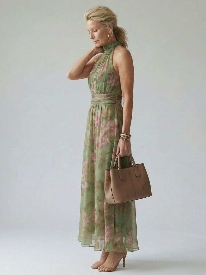 Elena | Women's Botanical Halter Mid-Length Dress
