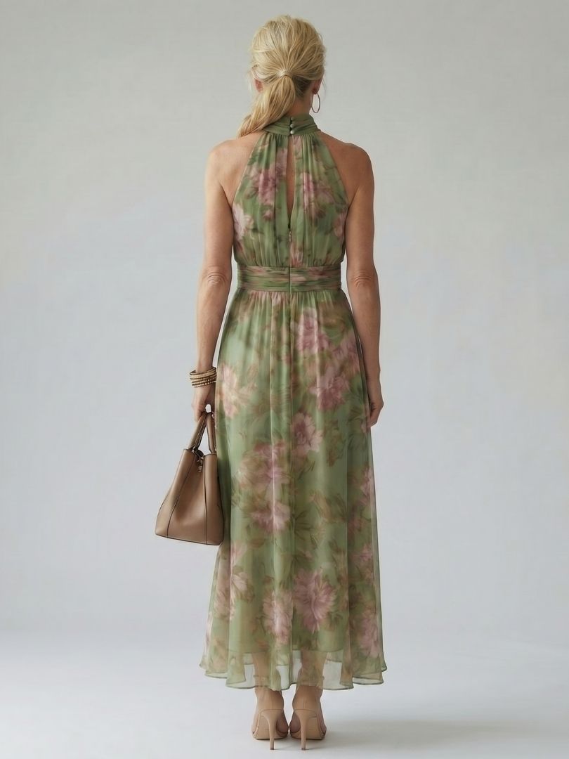 Elena | Women's Botanical Halter Mid-Length Dress