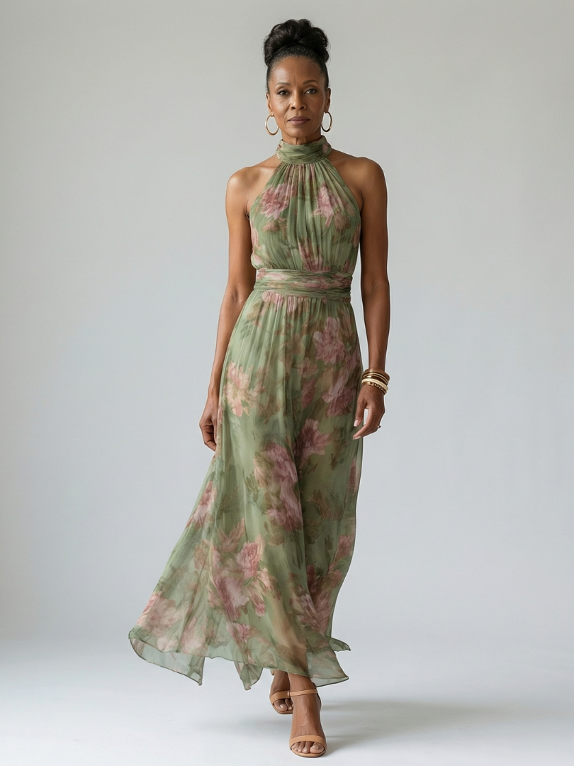 Elena | Women's Botanical Halter Mid-Length Dress