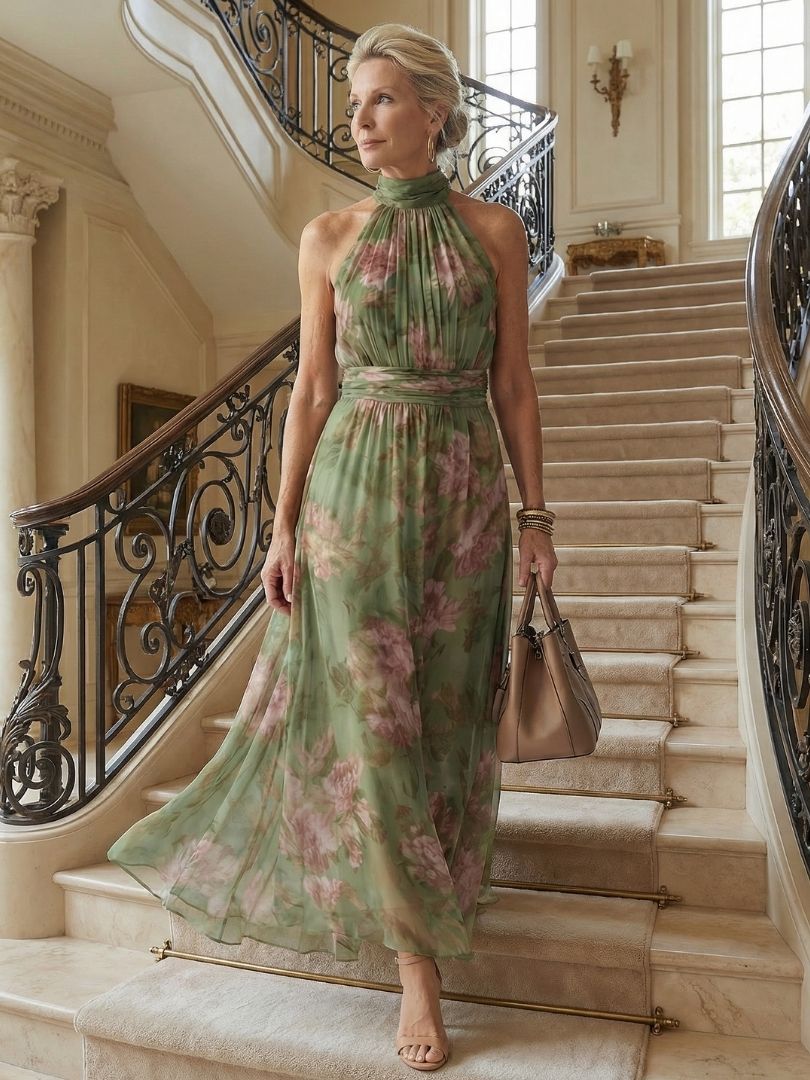 Elena | Women's Botanical Halter Mid-Length Dress