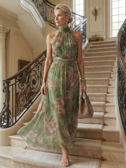 Elena | Women's Botanical Halter Mid-Length Dress
