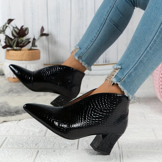 Mackenzie | Women's Textured Ankle Boots with Curved Cut and Mid Block Heel