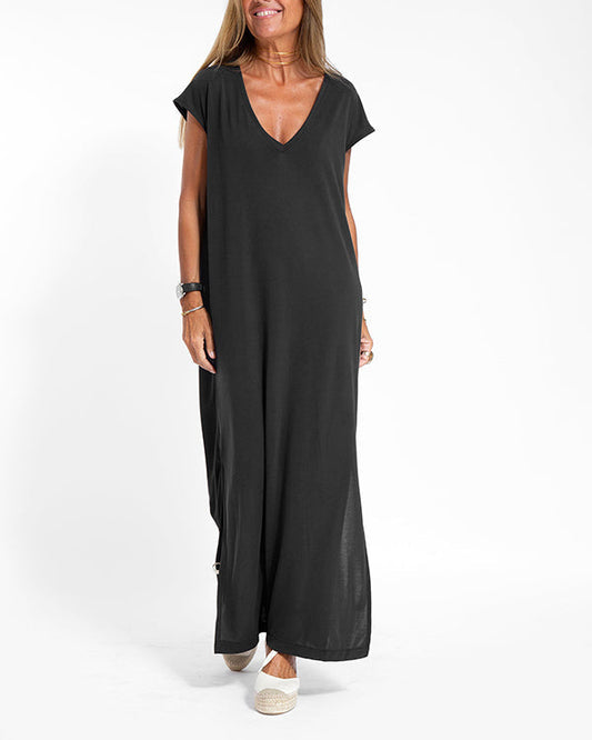 Savannah | Women's V-Neck Short-Sleeved Side Slit Maxi Dress