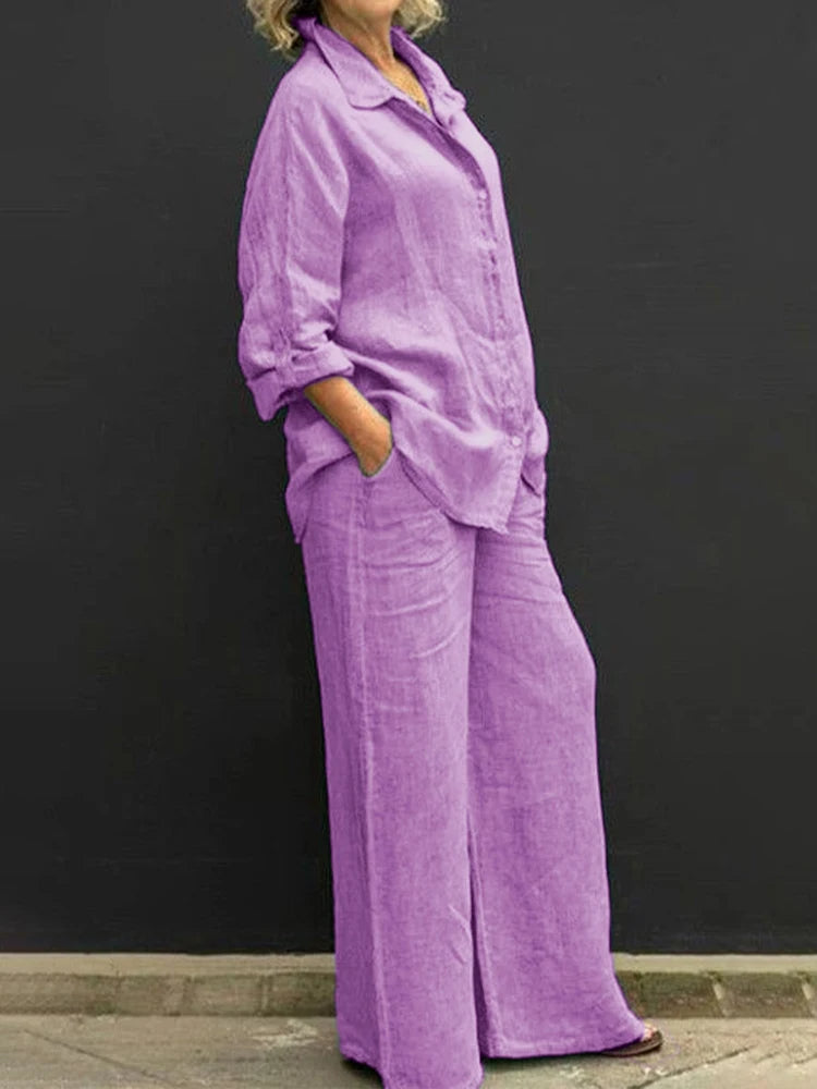Sandra | Women's 2 Piece Set Long Sleeve Shirt Wide Leg Pants