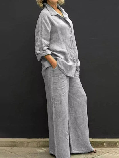 Sandra | Women's 2 Piece Set Long Sleeve Shirt Wide Leg Pants