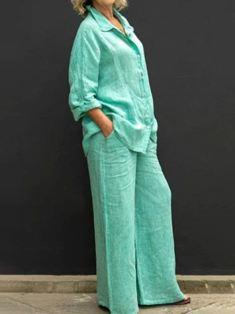 Sandra | Women's 2 Piece Set Long Sleeve Shirt Wide Leg Pants