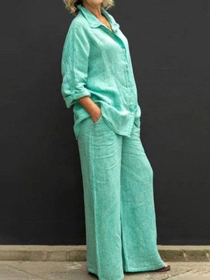Sandra | Women's 2 Piece Set Long Sleeve Shirt Wide Leg Pants