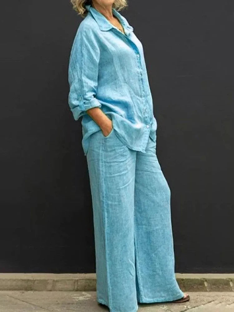 Sandra | Women's 2 Piece Set Long Sleeve Shirt Wide Leg Pants