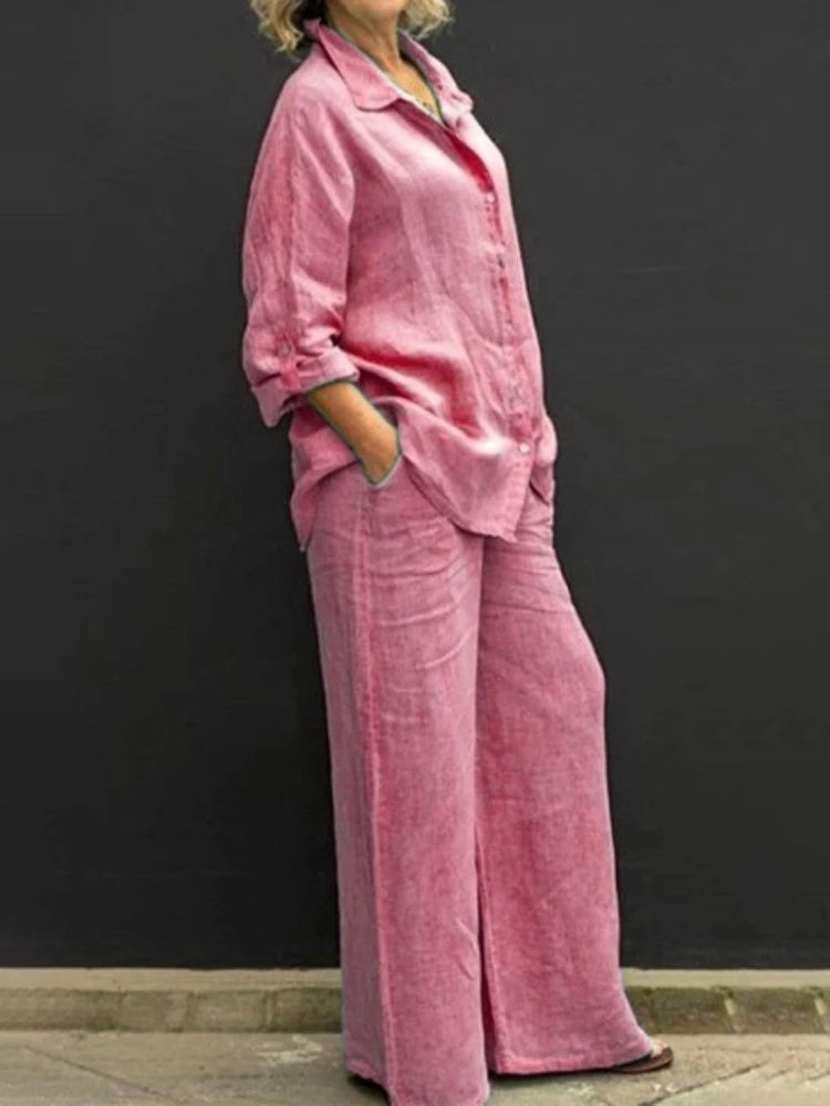 Sandra | Women's 2 Piece Set Long Sleeve Shirt Wide Leg Pants