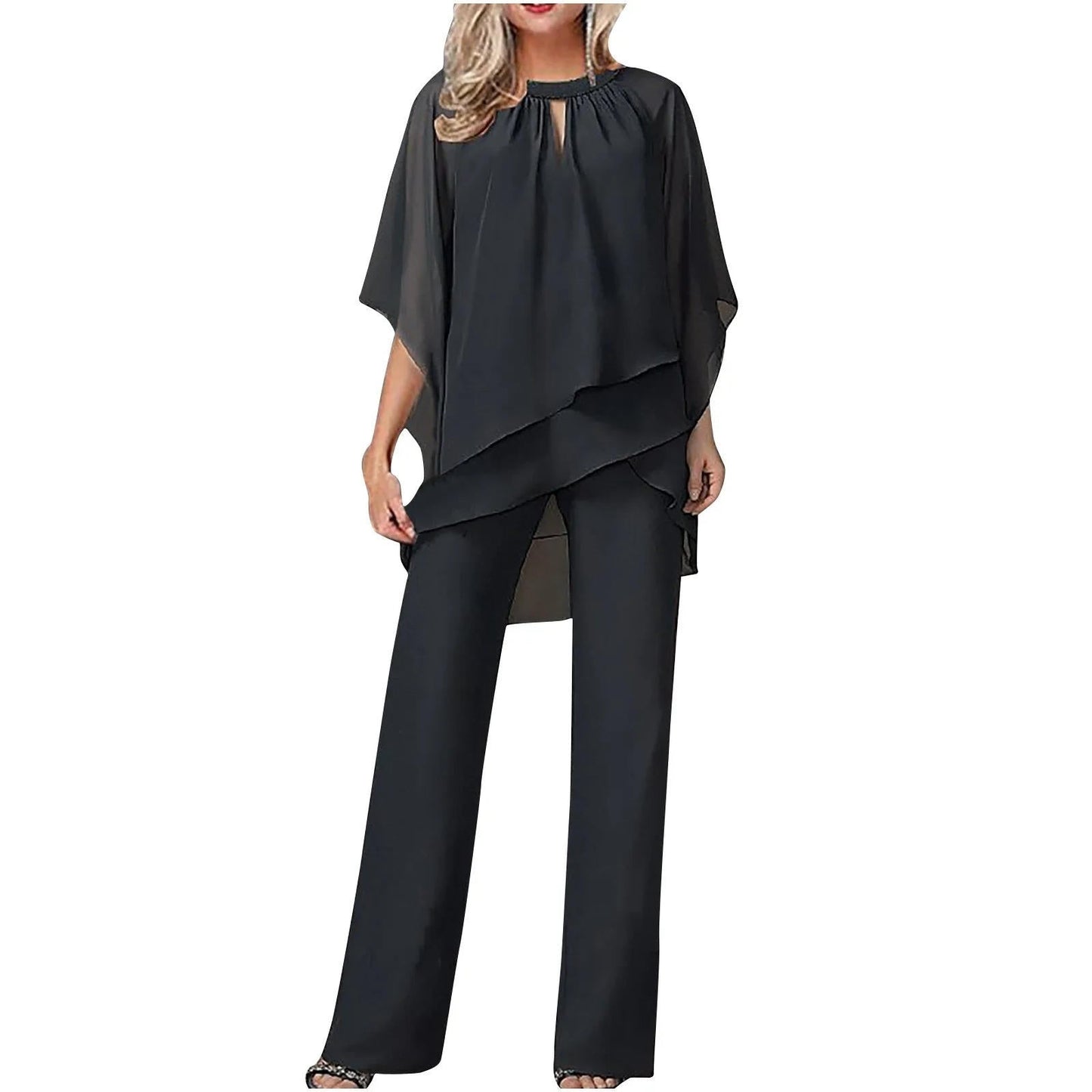 Daniela | Women's Chiffon Overlay Batwing Sleeve Wide Leg Pantsuit
