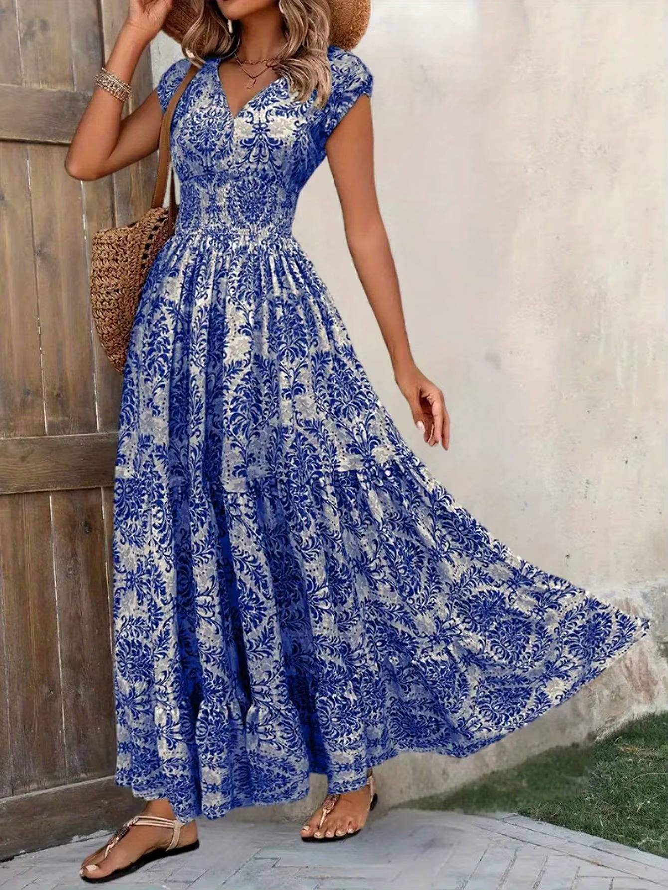 Emery | Women's Smocked Bohemian Print Tiered Maxi Dress
