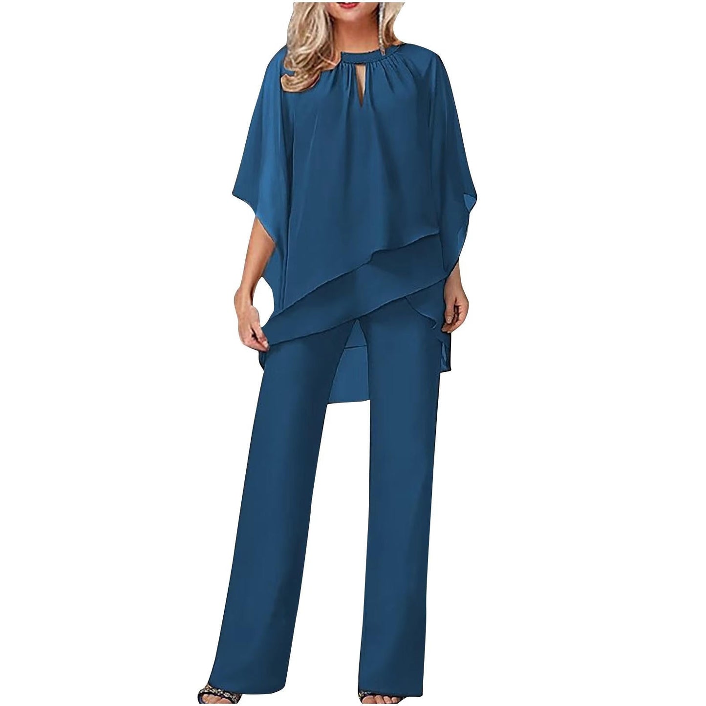 Daniela | Women's Chiffon Overlay Batwing Sleeve Wide Leg Pantsuit