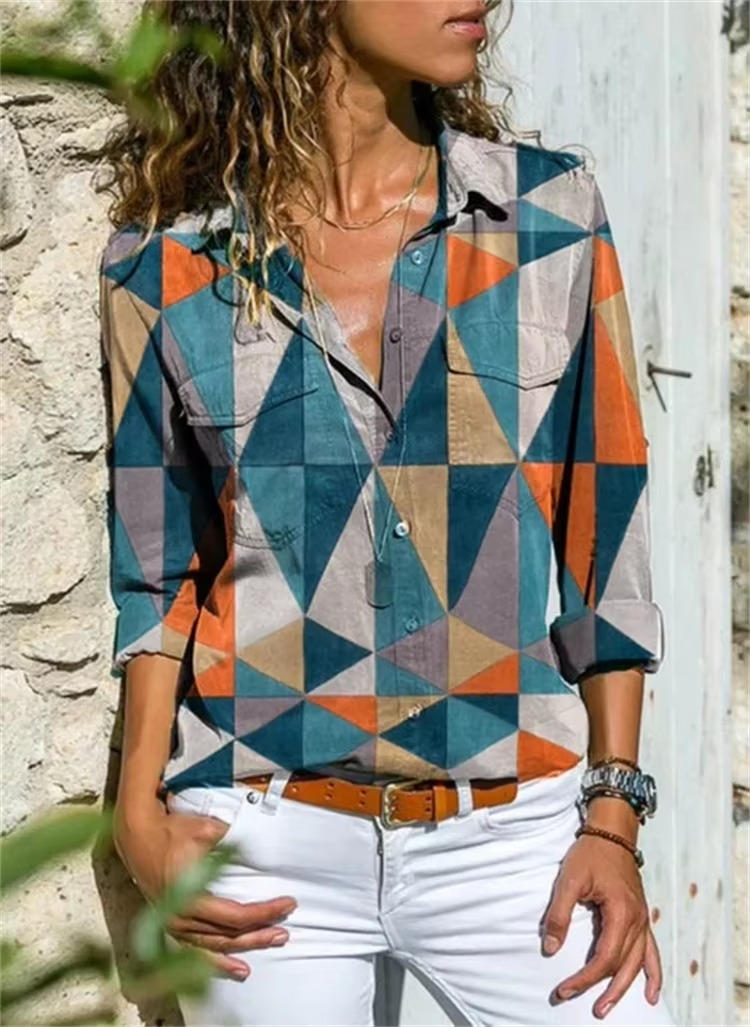 Sandra | Women's Geometric Print Long Sleeve Button Down Shirt
