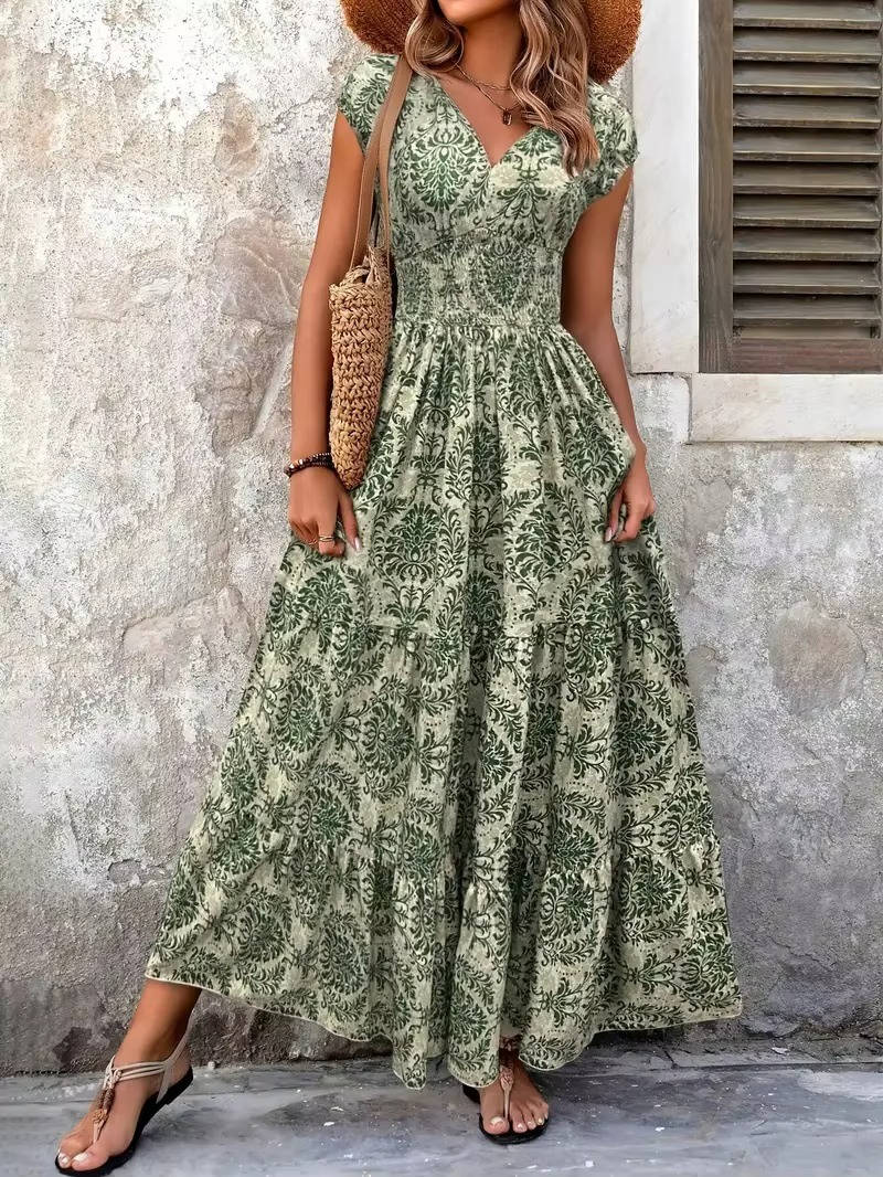 Emery | Women's Smocked Bohemian Print Tiered Maxi Dress
